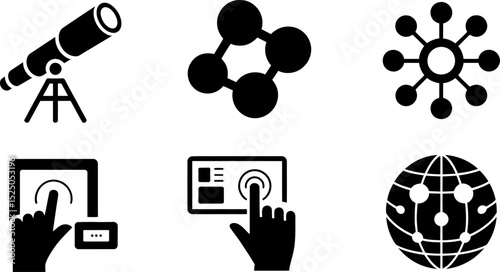 Vector icons set telescope molecule network tablet touch screen globe connection exploration science editable stock vector illustration