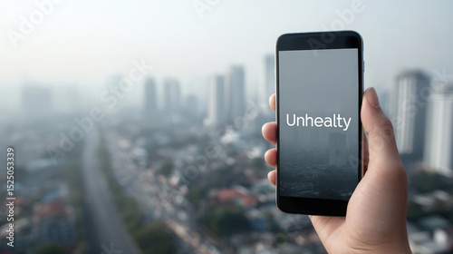 Hand holding phone showing unhealthy air quality over smoggy cityscape.