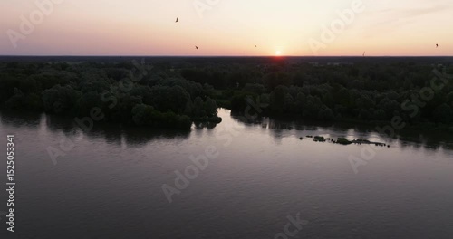 Aerial view of the sunrise on the Drava River, Croatia
