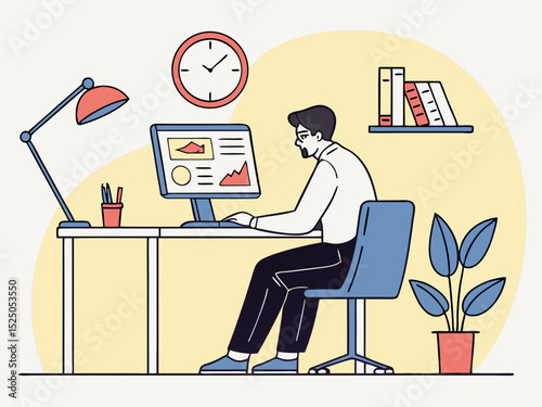 Professional man concentrating on work with graphs charts on monitor in clean office