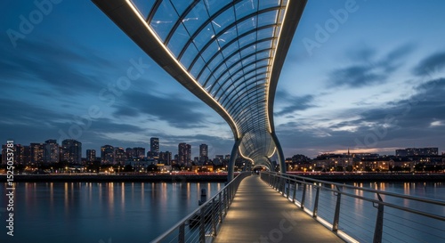 Curving bridge connects cities at dusk