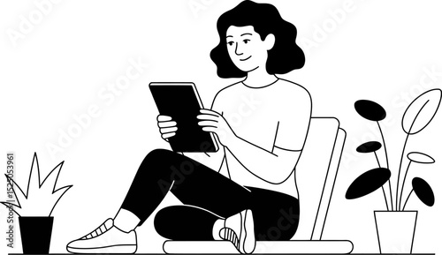 Woman using tablet illustration vector graphic design reading ebook online education learning at home 100 editable stock vector illustration