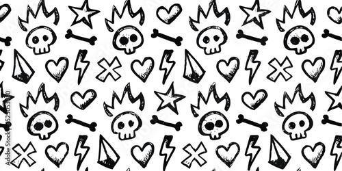 Seamless Pattern of Black Skulls, Bones, Hearts, Stars, Lightning Bolts, and Symbols on White