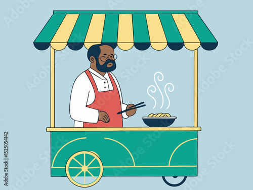 Street vendor cooking delicious noodles in wok under striped awning in flat cartoon style