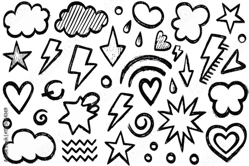 HandDrawn Doodle Set of Weather Icons, Hearts, Stars, Spirals, and Arrows in Black and White