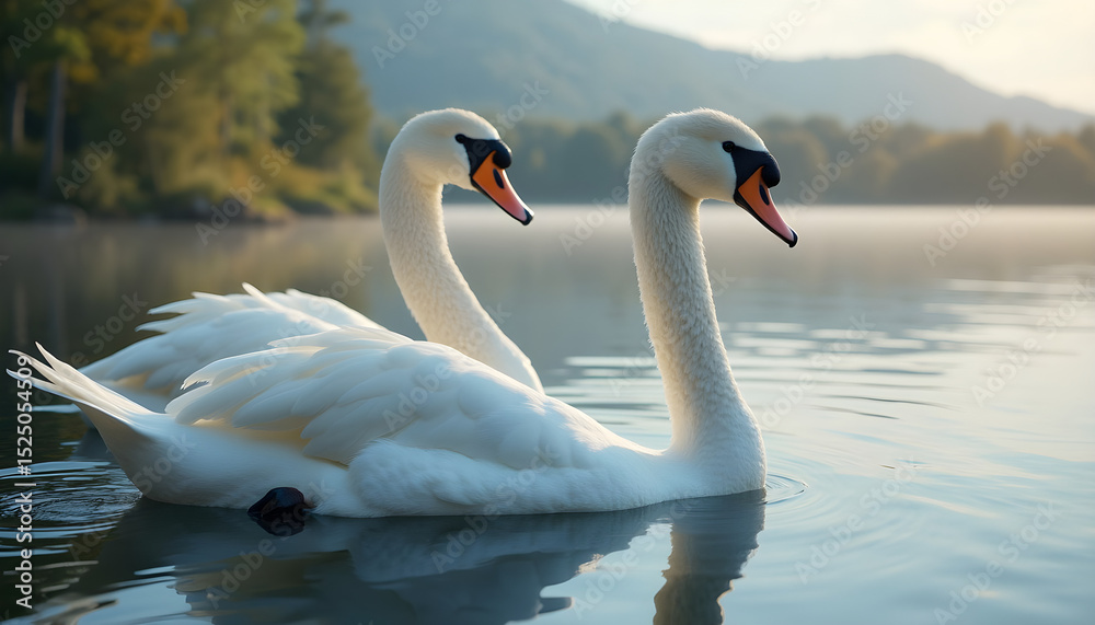Obraz premium Elegant swans swimming gracefully on calm lake in serene morning light