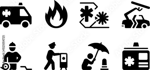 Emergency services icons vector set ambulance fire accident first aid police safety insurance help care editable stock vector illustration