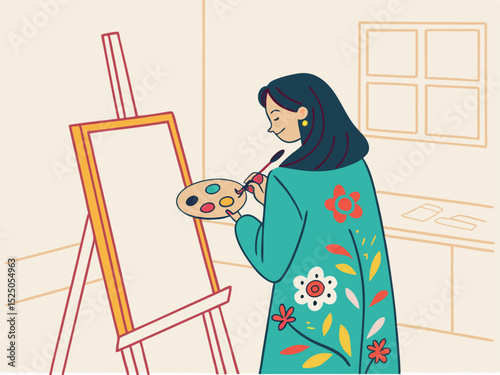 Flat design illustration of woman standing in front of easel ready to paint masterpiece