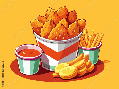 vector of Fried chicken in a pure white bucket with french fries and special sauce in a small bowl next to it...clean orange background