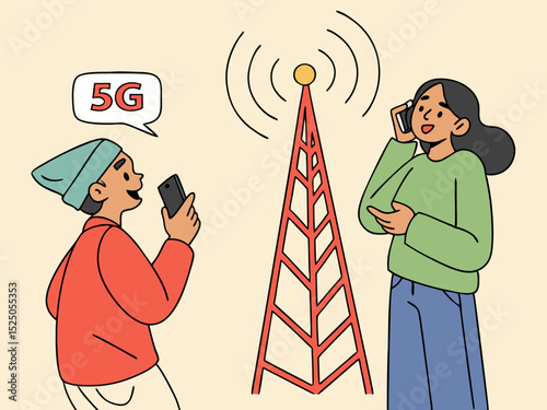 Colorful digital artwork showing people reacting to 5G antenna with speech bubble