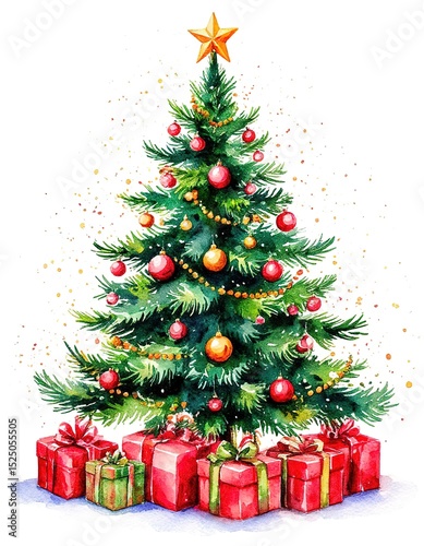 Christmas tree and gifts. Watercolor card.