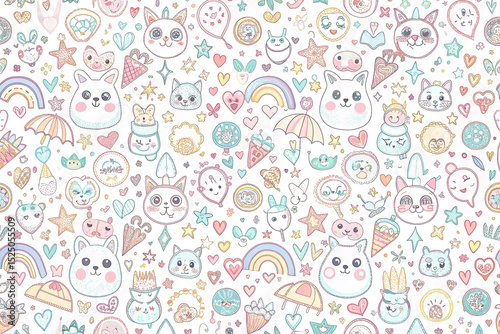 Whimsical pastel-colored pattern featuring cute animal faces, hearts, and various playful elements