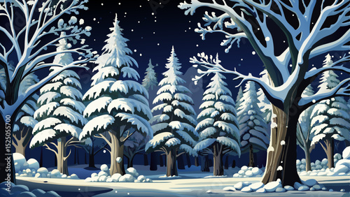 Vector illustration of Snow-covered trees with gentle snowfall ideal for winter products, holiday-themed graphics, and snowy landscapes