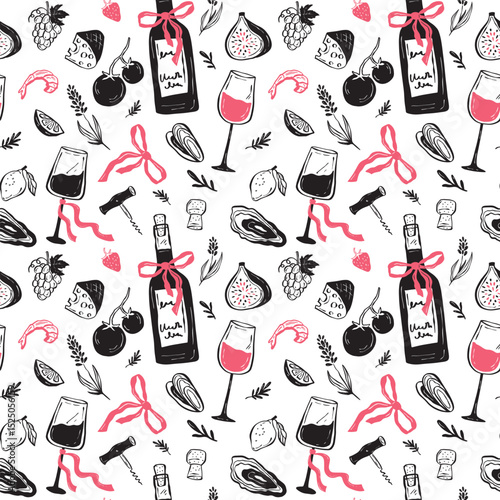Vector hand-drawn seamless pattern featuring wine bottles, glasses, fruits and vegetables, strawberries, lemon, oysters, and mussels. Suitable for menu design, packaging, wedding or anniversary decor