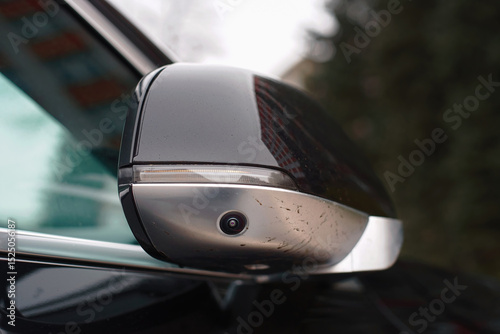 Car side mirror with integrated camera closeup, cam for driver safety and visibility. Car side view camera system integrated into rearview mirror, blind spot detection, 360 visibility.