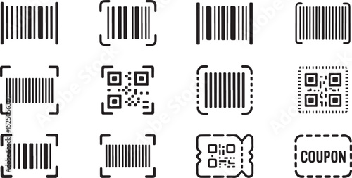 Outline Icon Set – Barcode, QR Code, and Coupon | Minimal Line Icons for Retail & Digital Marketing