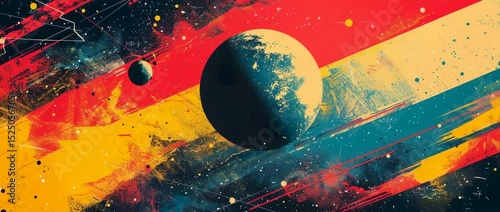 A vibrant abstract depiction of a cosmic landscape featuring planets and colorful rays. Ideal for themes of space, exploration, and creativity in digital art.