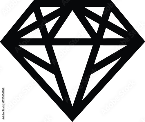 Bold Black Outline of Diamond Gemstone, Geometric Facets on White Background, Minimalist Design