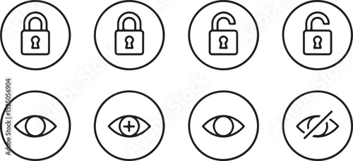 Outline Icon Set – Lock, Unlock, Eye, and Eye-Off | Minimal Line Security & Visibility Icons for Web & App UI