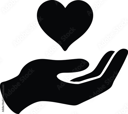 Black Silhouette of Hand Offering Heart Love, Care, Support, and Generosity Concept