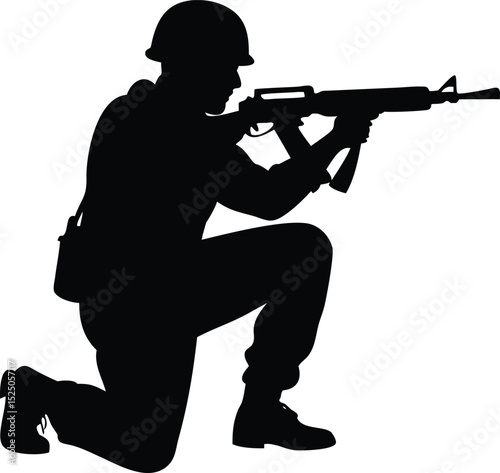 Silhouette of Kneeling Soldier Aiming Rifle Military Illustration in Black and White