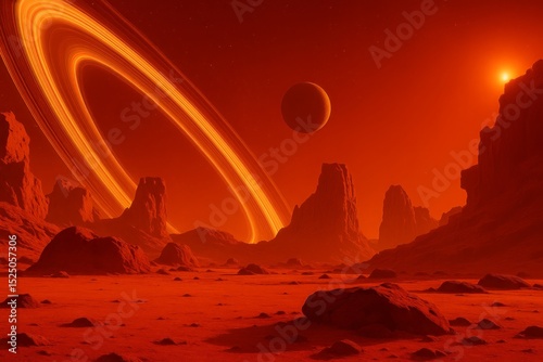Alien Planet Landscape Red Desert Rocky Mountains Rings Sun Distant Planet Fantasy Space Scene Digital Art Illustration Sci Fi Artwork Imaginative Worlds Cosmic Background Surreal Astronomy Universe  