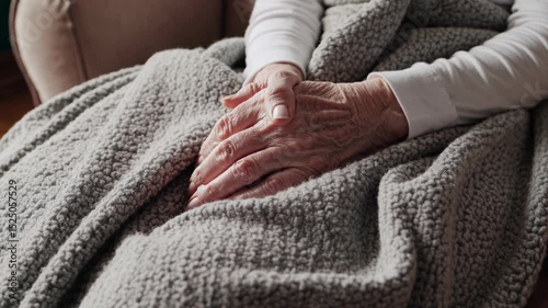 Hands resting on a warm blanket in a cozy living room during a quiet afternoon