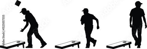 Silhouette Sequence of Men Playing Cornhole: A Fun Outdoor Game with Bean Bags and Boards