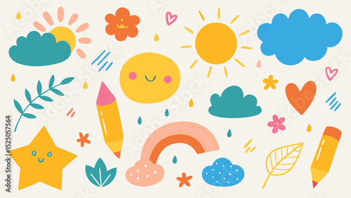 Playful Doodle Pattern Sun, Clouds, Rainbow, Stars, Pencils, Hearts, Flowers, Leaves, Raindrops on Light Beige Backdrop