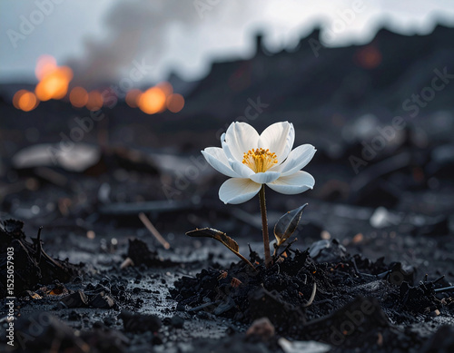 Destructed post apocalyptic nature with an unknown mutated flower