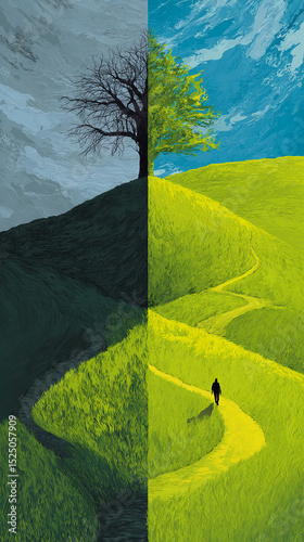 Split image showing contrasting landscapes: dark, leafless tree on a grey hill, and lush green hill with a leafy tree and person walking a path, symbolizing life choices and transitions