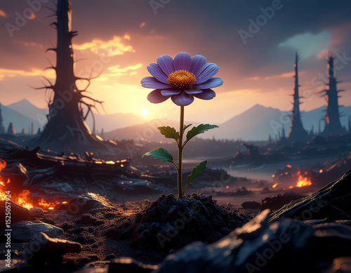 Destructed post apocalyptic nature with an unknown mutated flower