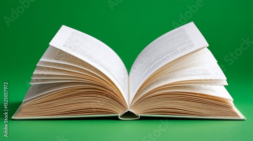Open Classic Hardcover Book With Curled Pages On A Vibrant Green Background photo
