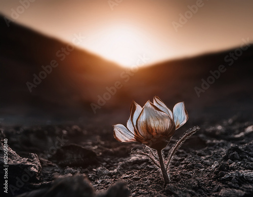 Destructed post apocalyptic nature with an unknown mutated flower