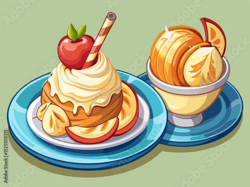 vector of Delicious plate of crunchy apple and vanilla ice cream, side and top view, isolated on transparent background...