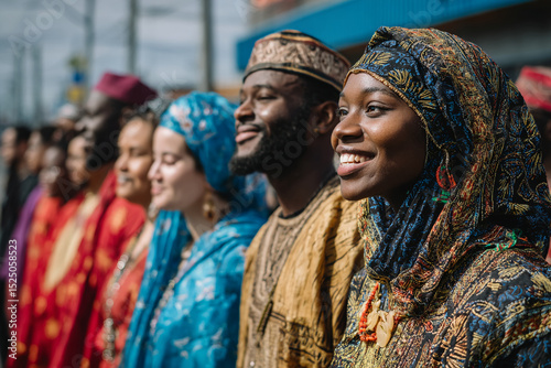 Smiling diverse people in vibrant traditional clothing, showcasing cultural unity and diversity