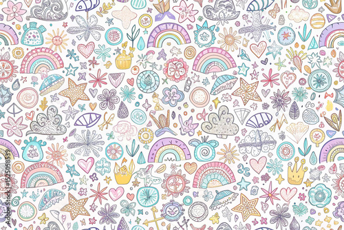 Whimsical, pastel-colored, intricate doodle pattern of various shapes and flowers on a white background.  Delicate and playful design