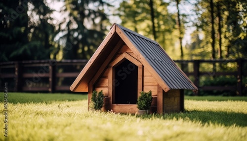 Wooden dog kennel on a green lawn.