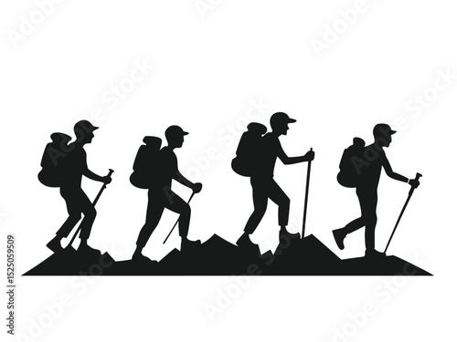 Silhouette of Four Hikers Trekking on a Mountain Ridge with Pine Trees Above