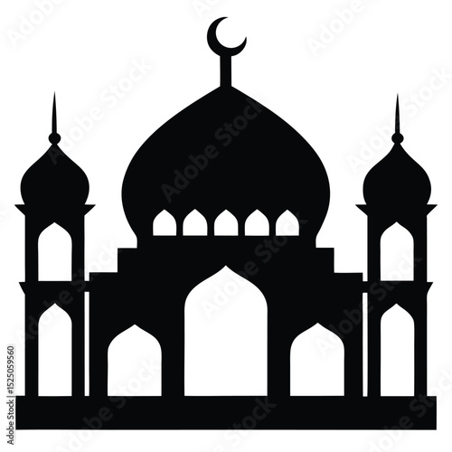 Simple Silhouette Illustration of a Mosque with Dome, Minarets, and Crescent Moon Topper