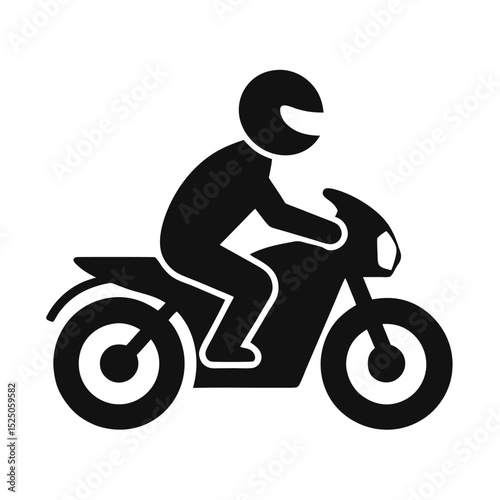 Black and White Silhouette of Motorcyclist Wearing Helmet Riding a Motorcycle Icon