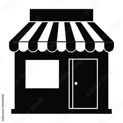 Black Silhouette of Storefront with Striped Awning, Door, and Blank Window Design