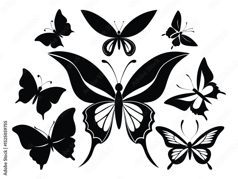 Fototapeta premium Elegant Black Butterfly Silhouettes Illustration Featuring Various Wing Designs Against a White Background