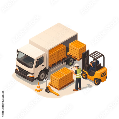 Efficient Orange Delivery Truck Loading Process with Forklift and Workers