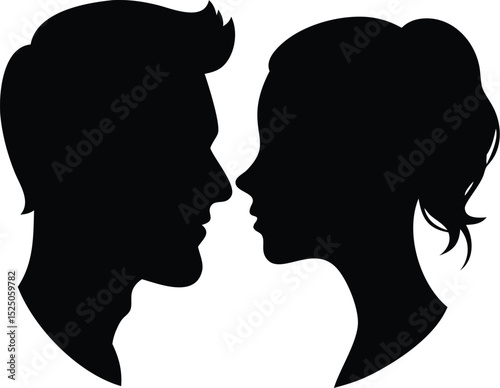 Silhouette Illustration Man and Woman Face to Face, Romantic Concept, Black and White Art