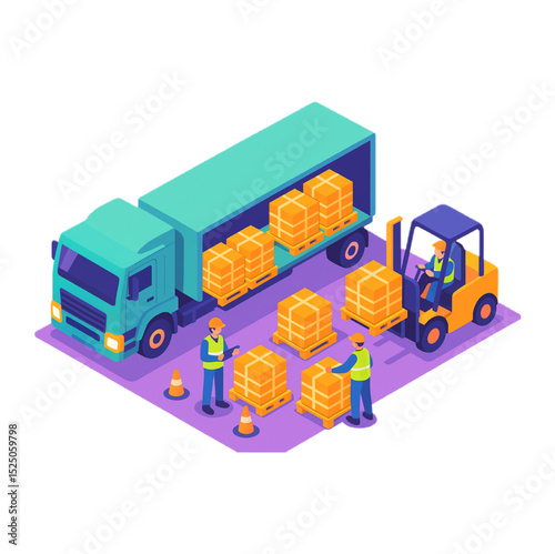 Efficient Goods Delivery Truck Loading Scene with Workers Unloading Cargo Boxes using Forklift