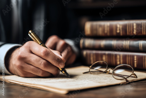 Close-up of hands writing legal notes with law code books and eyeglasses on the desk, shallow depth of field.