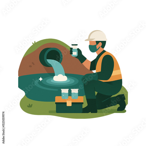 Environmental Scientist Testing Water Pollution from a Pipe near a Pond
