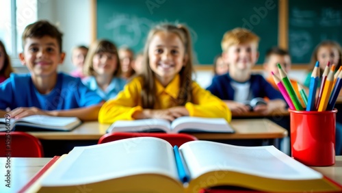 Eager elementary students with open books
