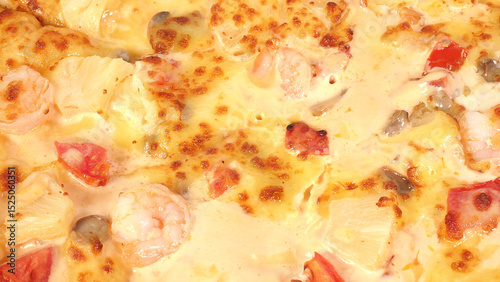 A seafood baked pizza .Close up picture